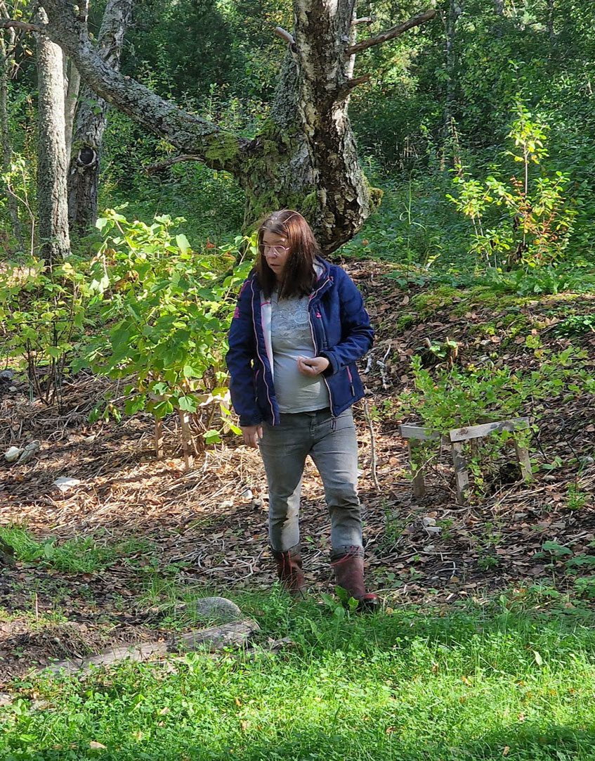 Nainen kävelee puutarhassa. Taustalla viinimarjapensaita